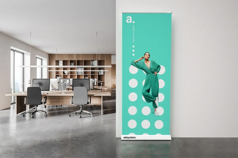 adStand Level – roll-up panaudojimo patalpoje pavyzdys