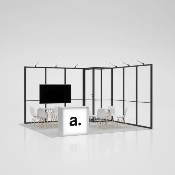 Modulinis parodų stendo komplektas Multiframe MT3 (4x4 m) | Kampinis parodų stendas su TV