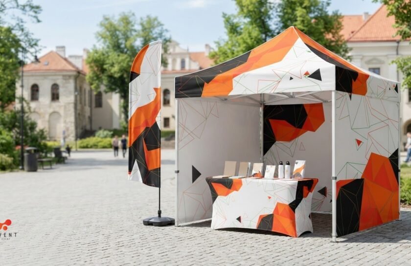 3×3 m stendas lauko mugei: palapinė, sienos, staliukas ir vėliava
