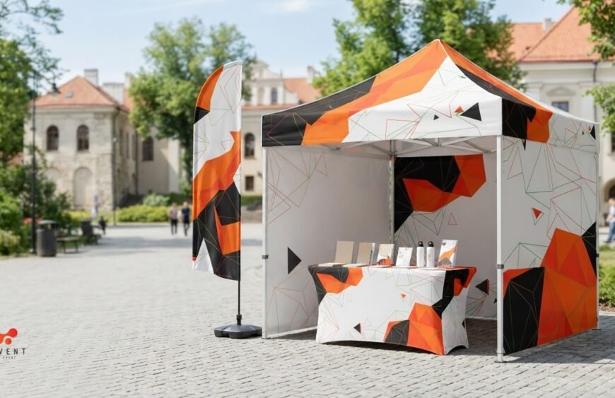 3×3 m stendas lauko mugei: palapinė, sienos, staliukas ir vėliava