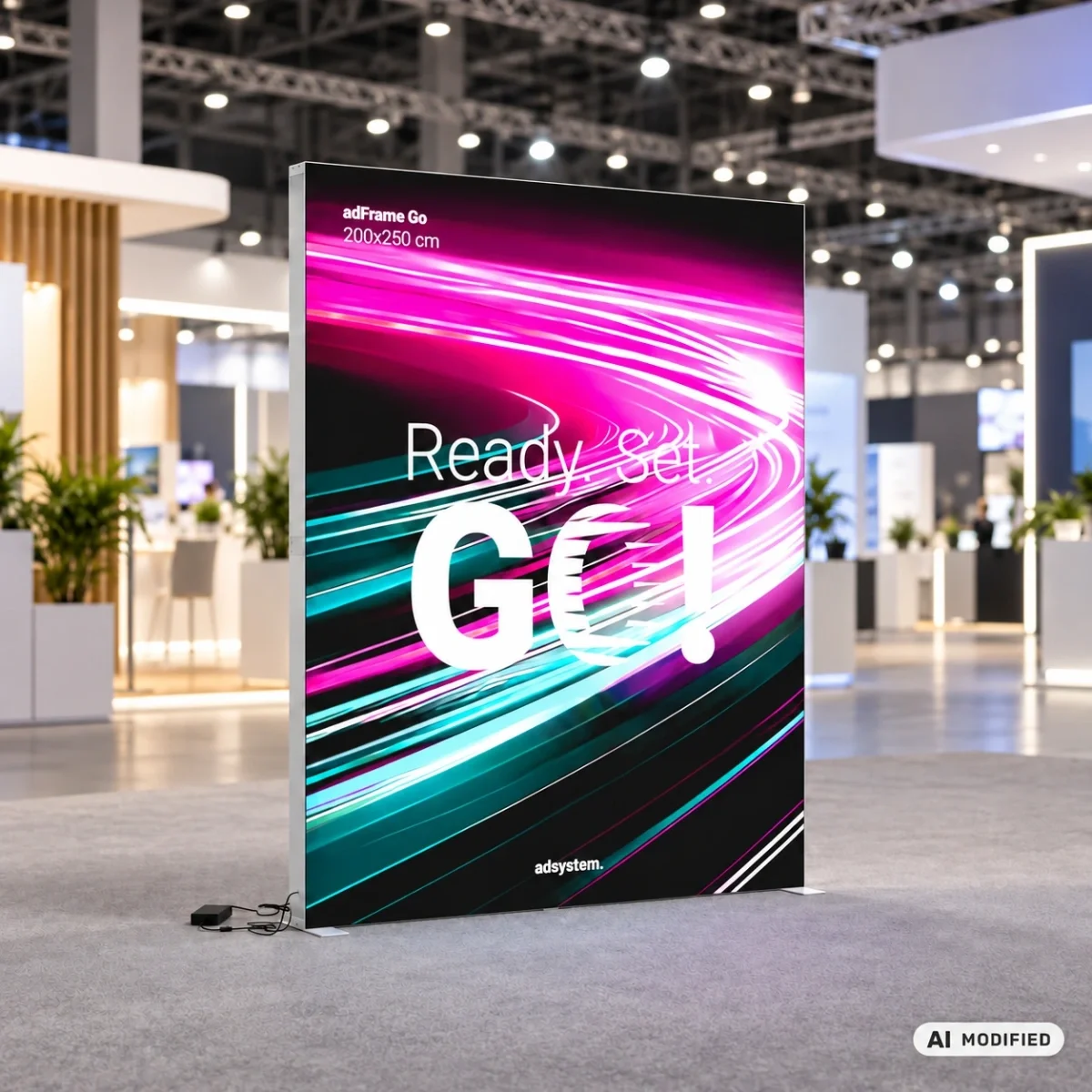 adFrame GO LED šviesdėžės su tekstiline grafika gamintojo ekspozicijos vizualizacija