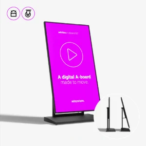 55 colių reklaminis ekranas adVideo A-Board su ratukais ir reguliuojamu pasvirimu